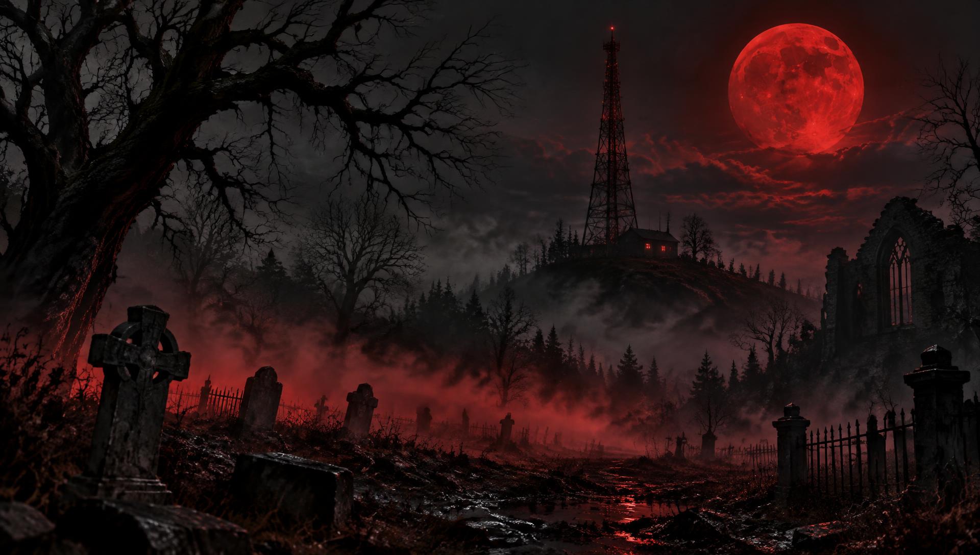Nebliger Friedhof unter blutrotem Mond
